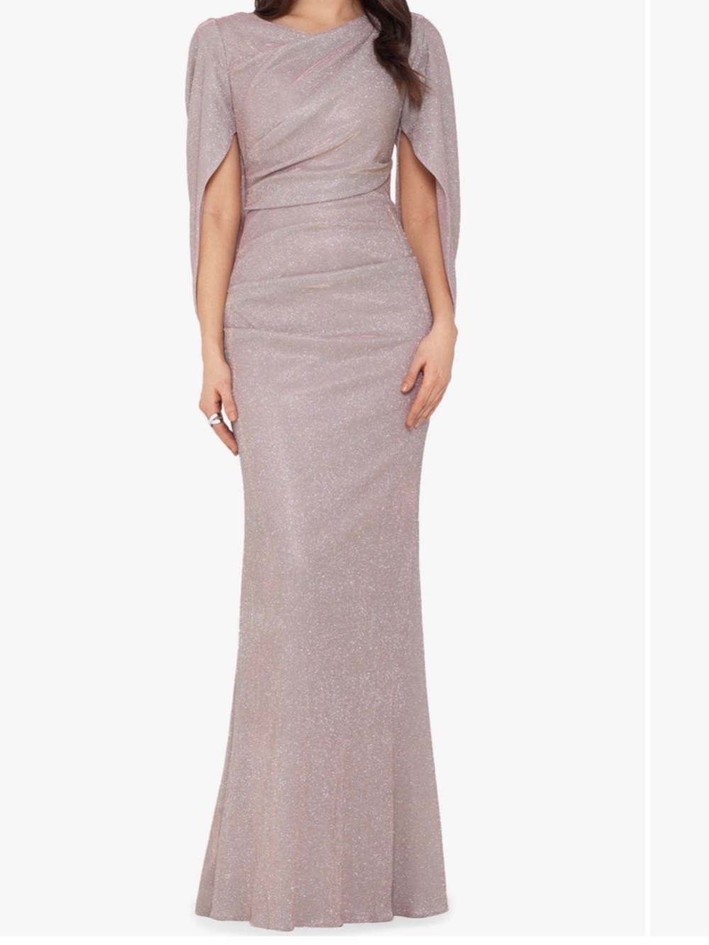 Betsy & Adam Shimmery Lavender Draped-Back Long Sleeve Gown